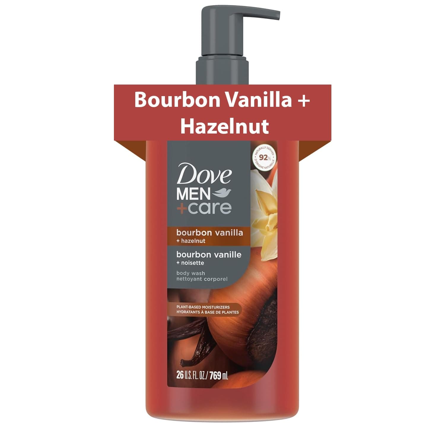 DOVE MEN Moisturizing Body Wash for Men, Bourbon Vanilla + Hazelnut, 26oz