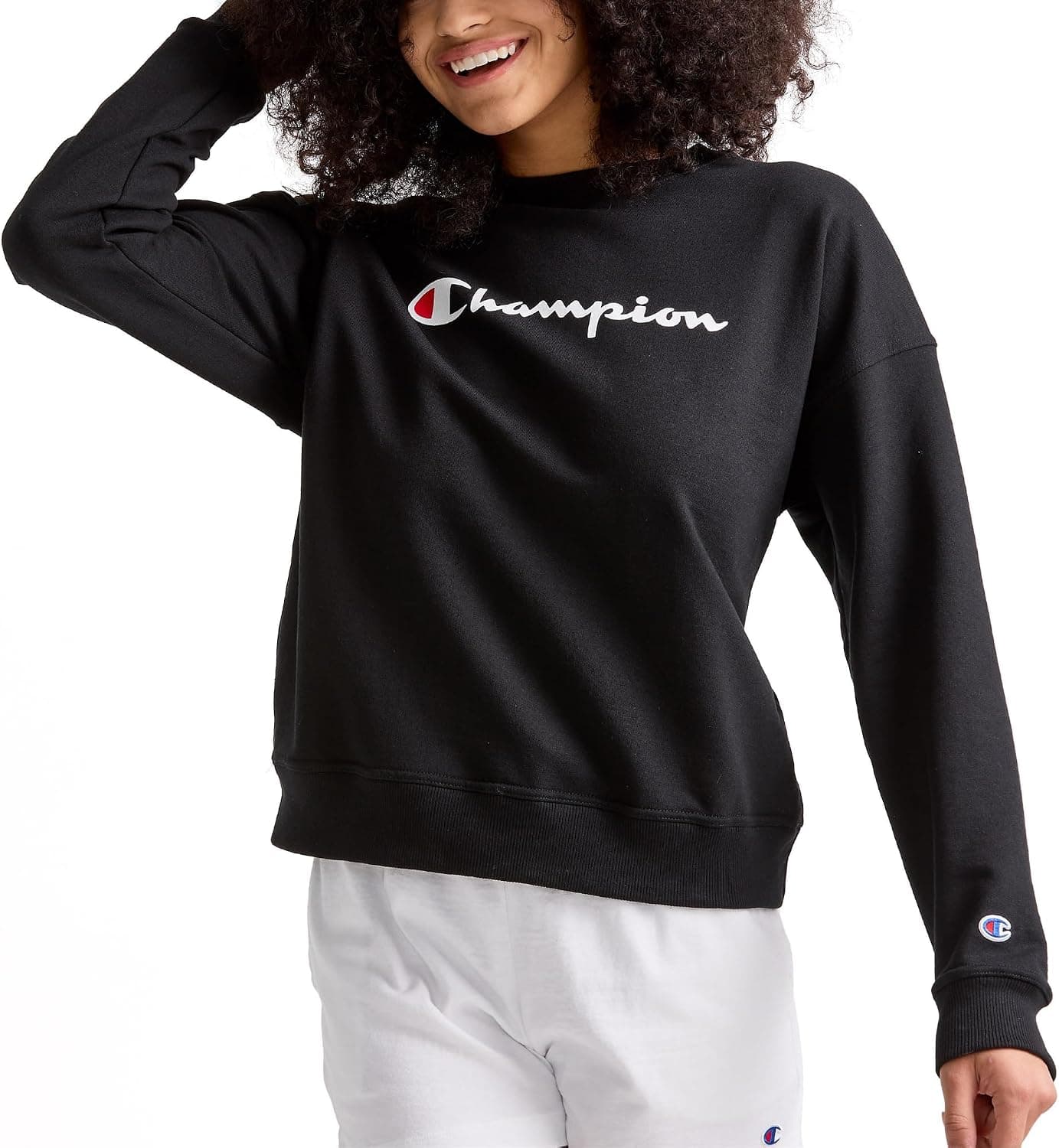 Champion Women's Powerblend Crewneck,loose Fit,midweight Fleece,script Logo