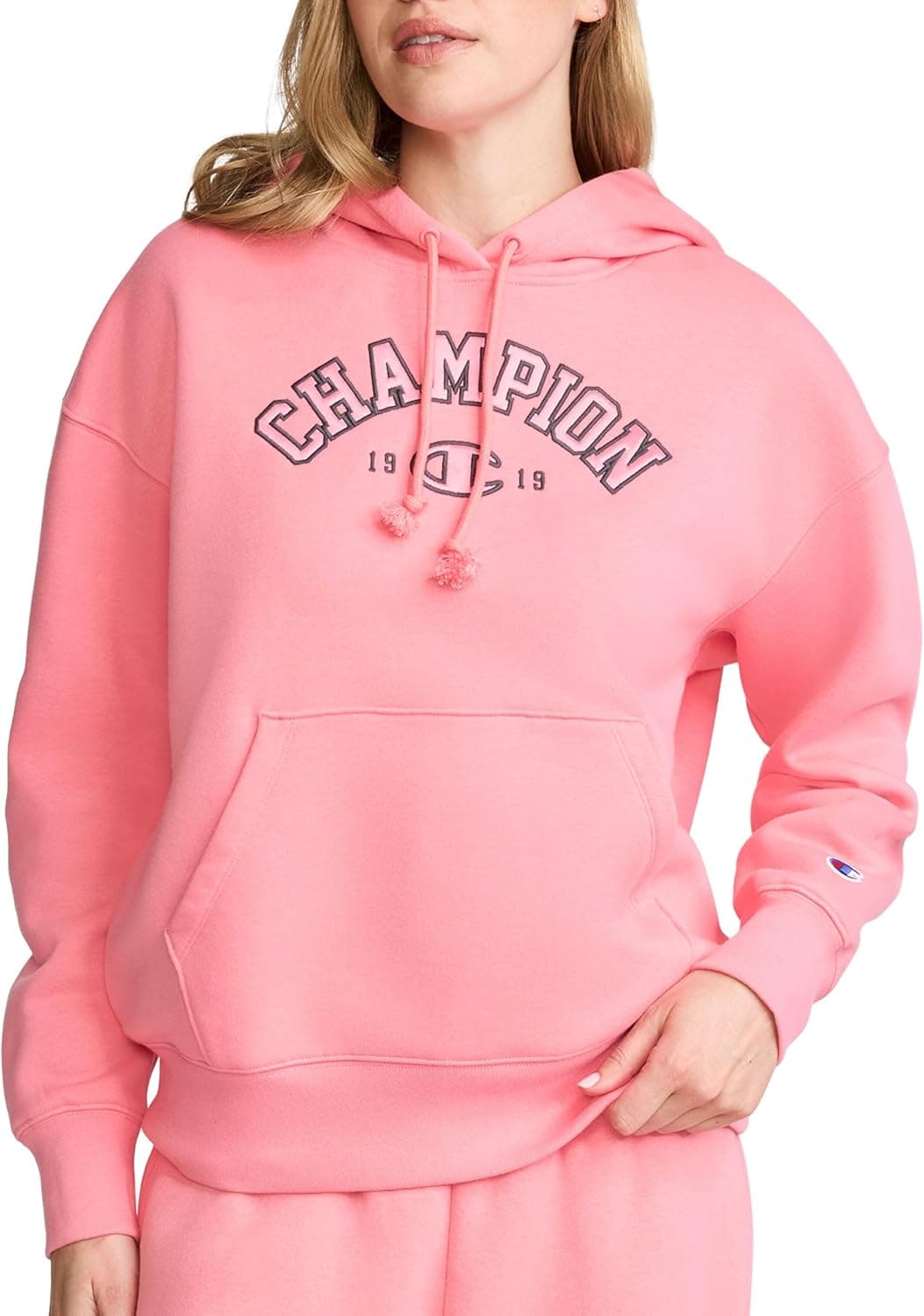 Champion Women's Fleece Hoodie With Satin Applique, Standard Fit, Midweight Fleece Fabric