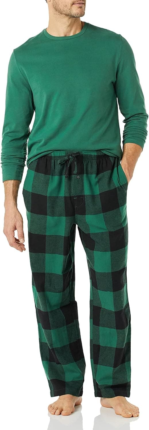 Amazon Essentials Men's 100% Cotton Flannel Pant and Long-Sleeve T-Shirt Pajama Set