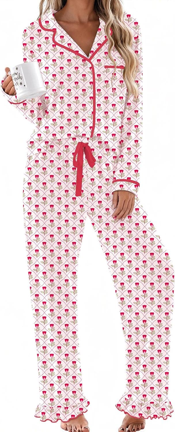 Ekouaer Womens Pajama Sets Long Sleeve Sleepwear Button Down Pjs Loungewear