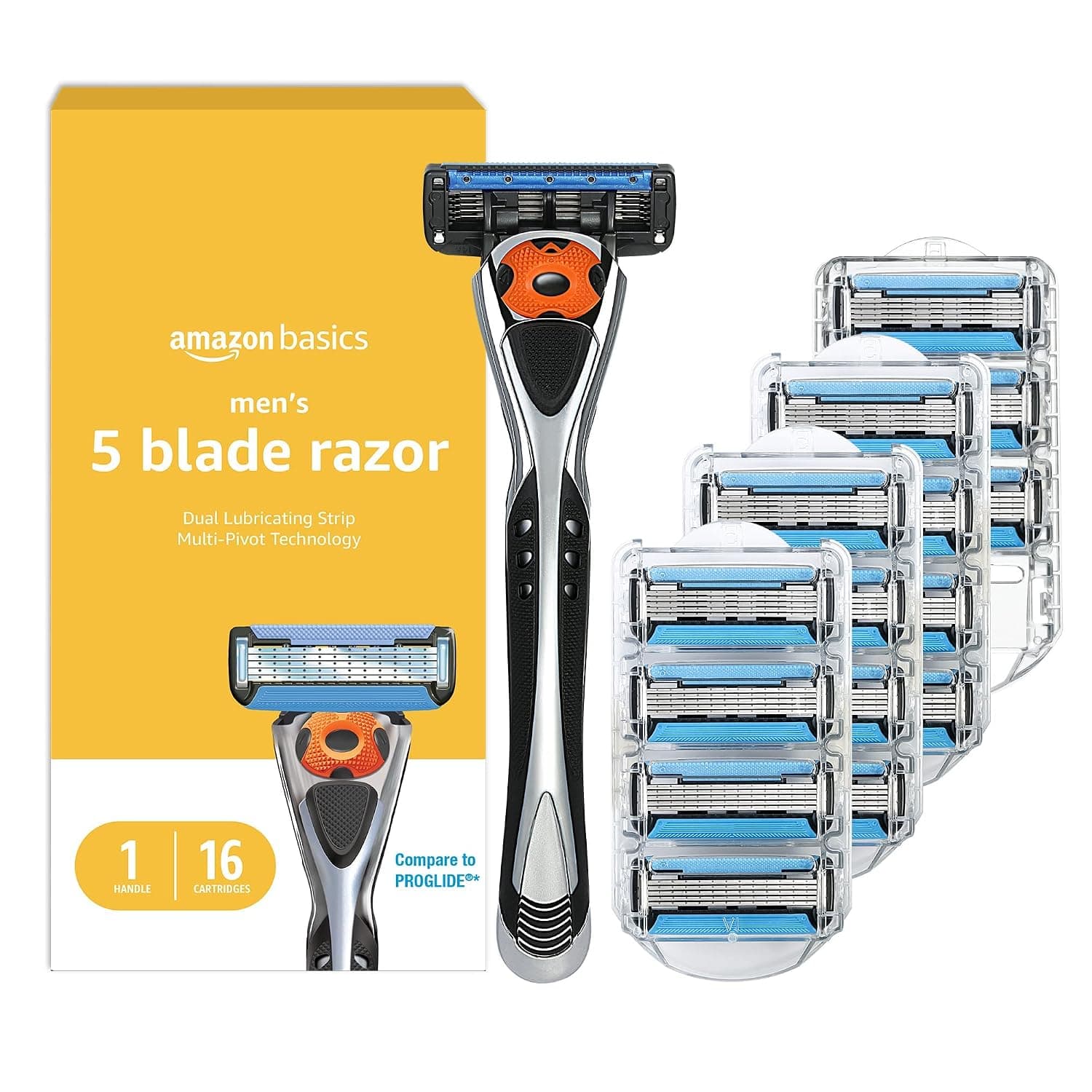 Amazon Basics 5-Blade MotionSphere Men's Razor with Dual Lubrication, Vitamin E, Precision Trimmer, 1 Handle & 16 Cartridges, Black