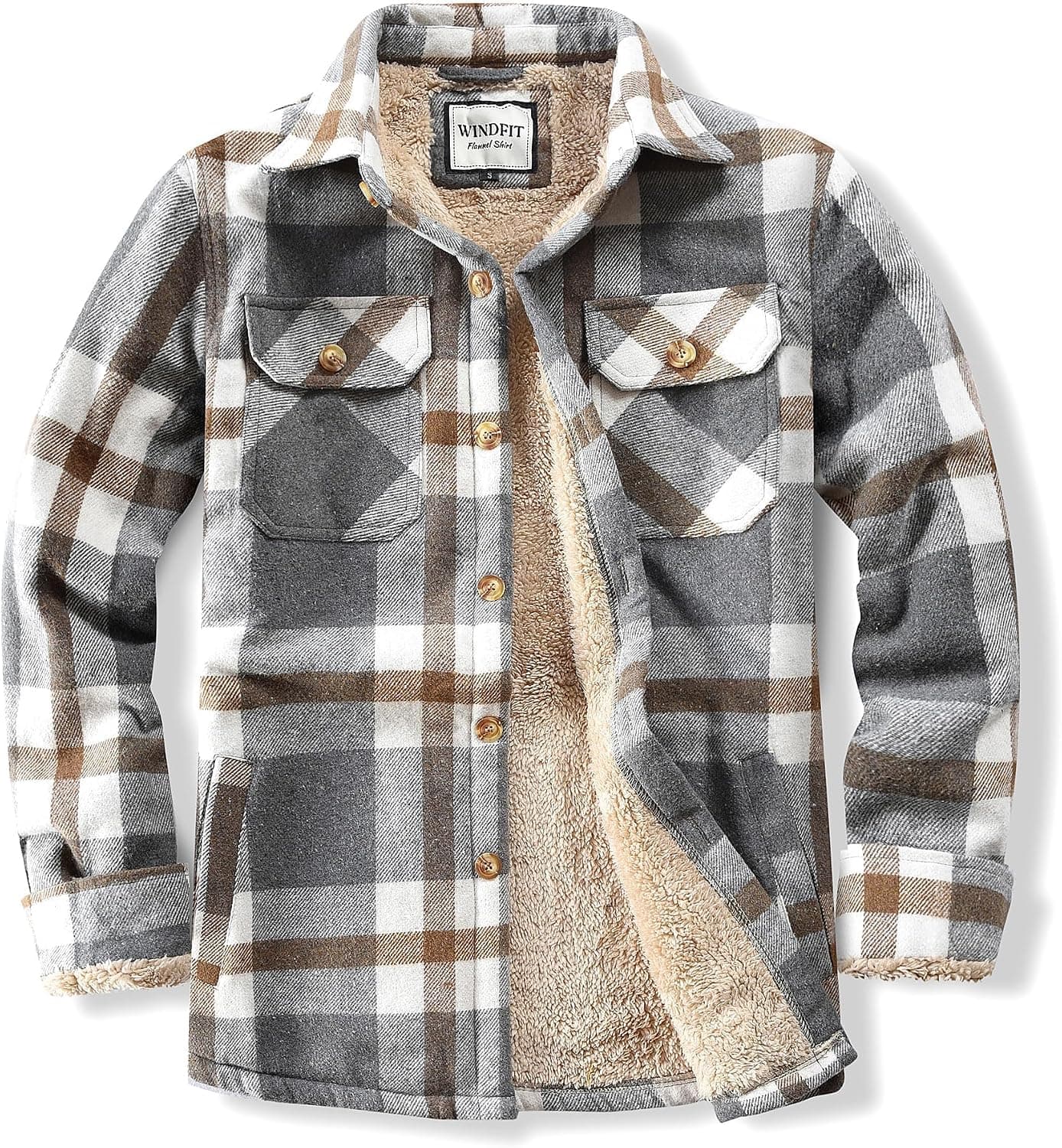 Men's Cotton Sherpa Button Down Flannel Shirt Jacket Plaid Shirt