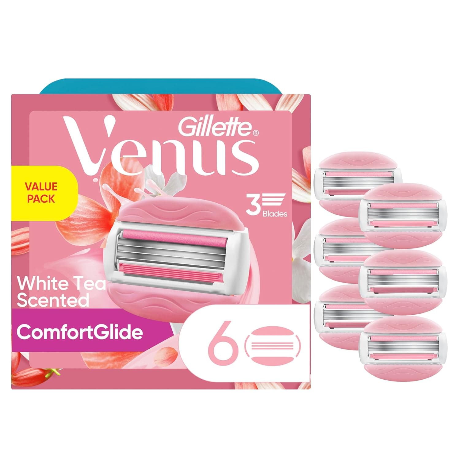 Gillette Venus ComfortGlide White Tea Women's Razor Blades, 3-Blade Razor Refills, 6 Count