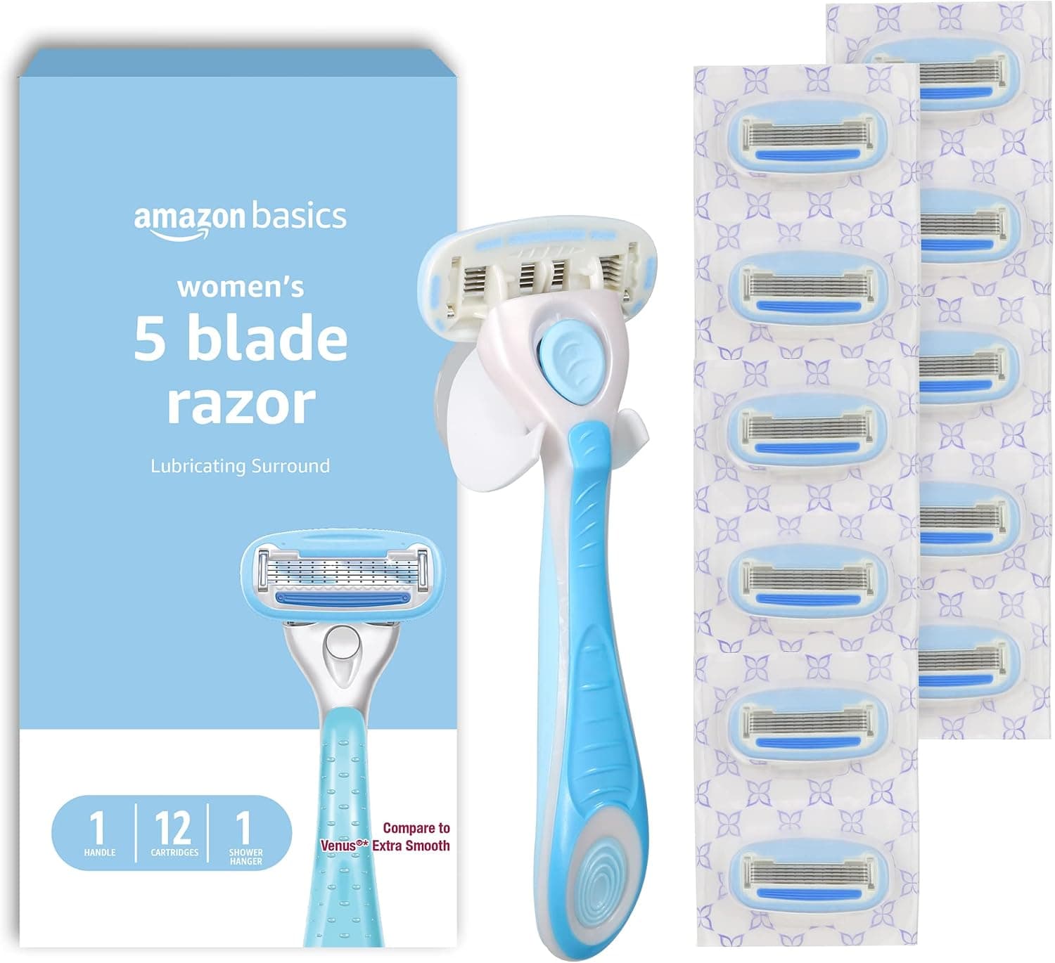 Amazon Basics 5-Blade Razor Handle for Women, Includes 12 Cartridges and Shower Hanger, 14 Piece Set, Blue