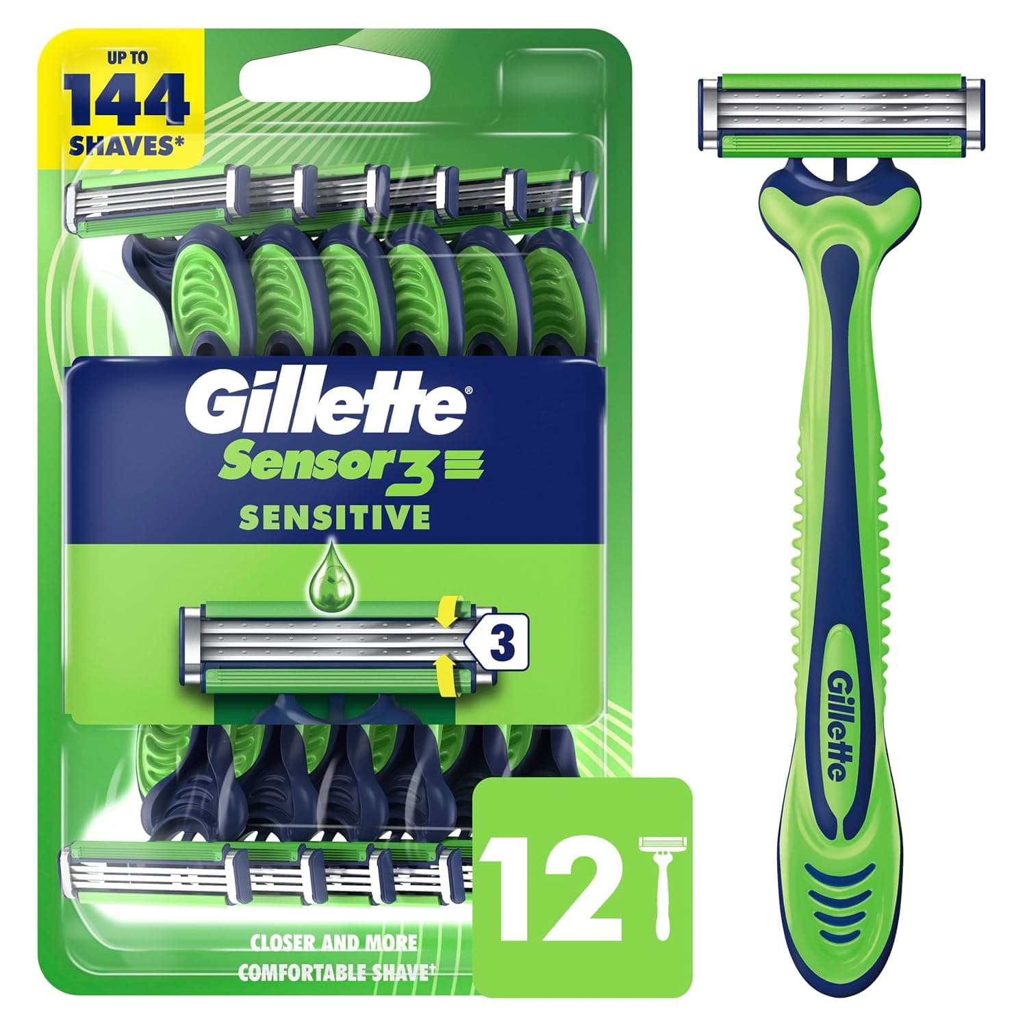 Gillette Sensor3 Sensitive Men's Disposable Shaving Razors, 12 Count